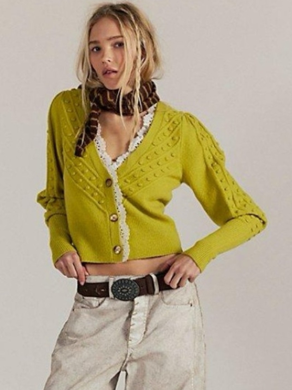 NWT Free People Clear Skies Cardigan Sweater Snake Eyes Yellow Knit Top Size XS